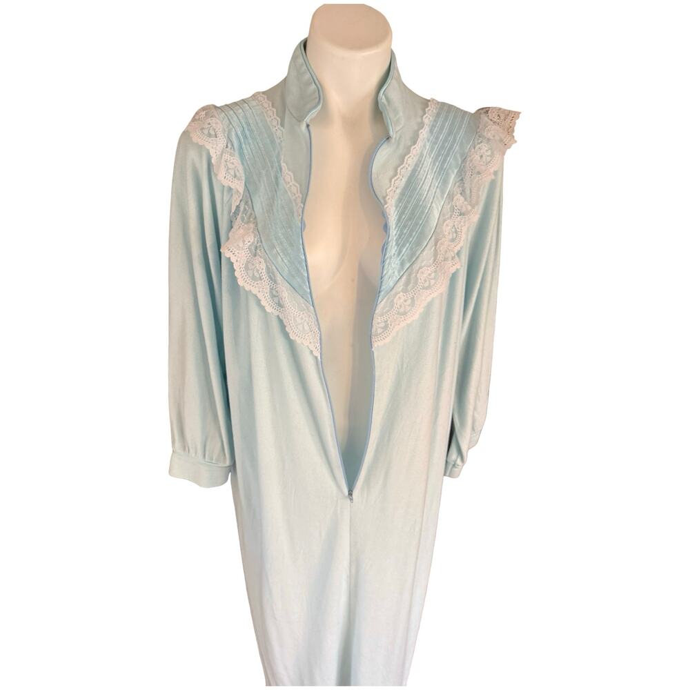 Anne Leslie Vintage Robe Blue Fleece Lined Zip Front Lace Trim USA Medium